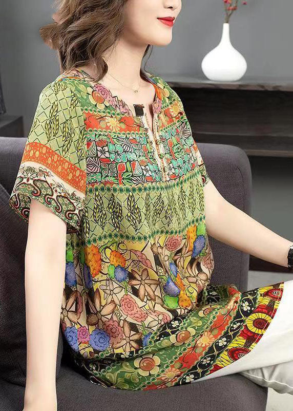 Elegant Green O Neck Print Patchwork Silk Shirt Tops Summer LY6694 - fabuloryshop