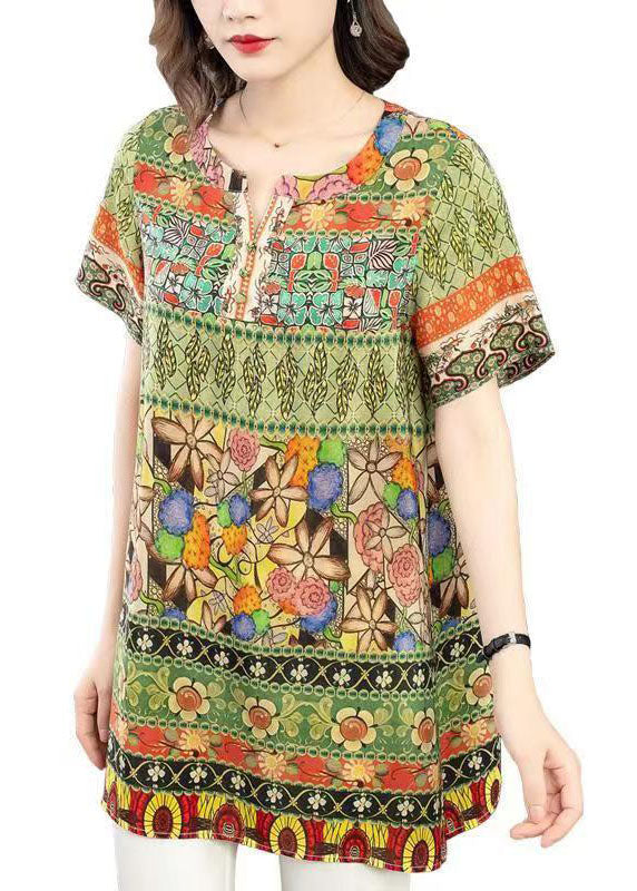 Elegant Green O Neck Print Patchwork Silk Shirt Tops Summer LY6694 - fabuloryshop