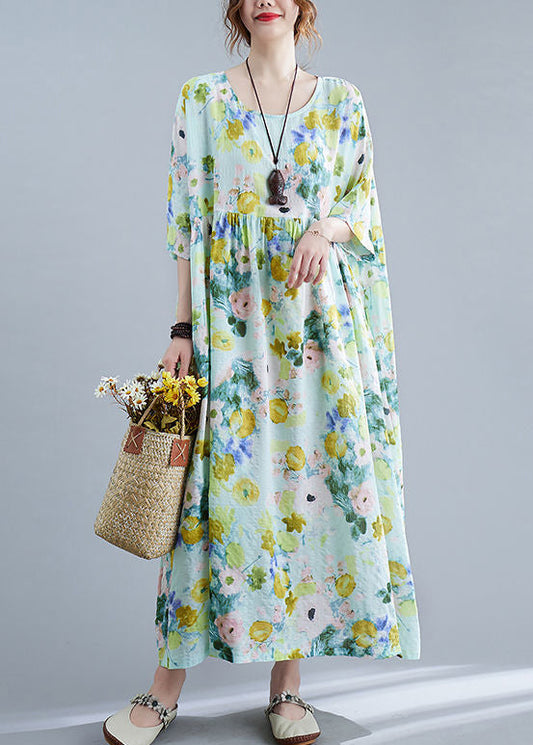 Elegant Green Oversized Print Cotton Maxi Dresses Summer LY0533 - fabuloryshop