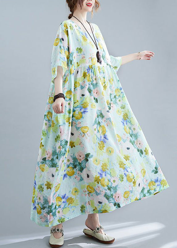 Elegant Green Oversized Print Cotton Maxi Dresses Summer LY0533 - fabuloryshop