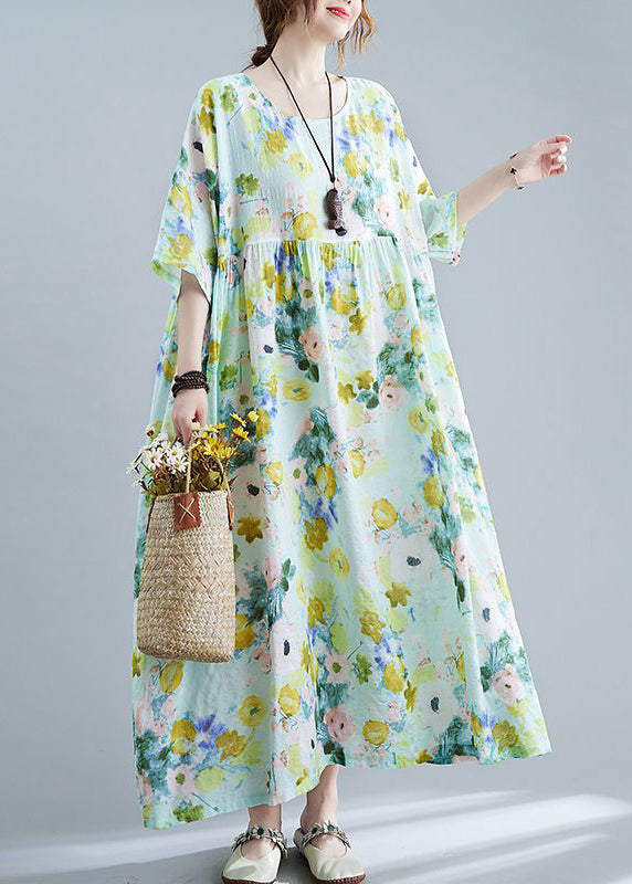 Elegant Green Oversized Print Cotton Maxi Dresses Summer LY0533 - fabuloryshop