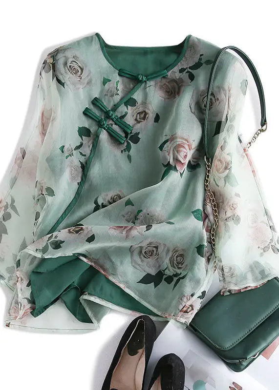 Elegant Green Print Chinese Button Patchwork Tulle T Shirt Summer Ada Fashion