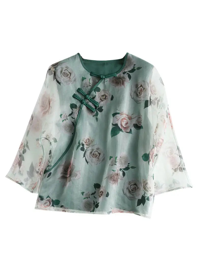 Elegant Green Print Chinese Button Patchwork Tulle T Shirt Summer Ada Fashion