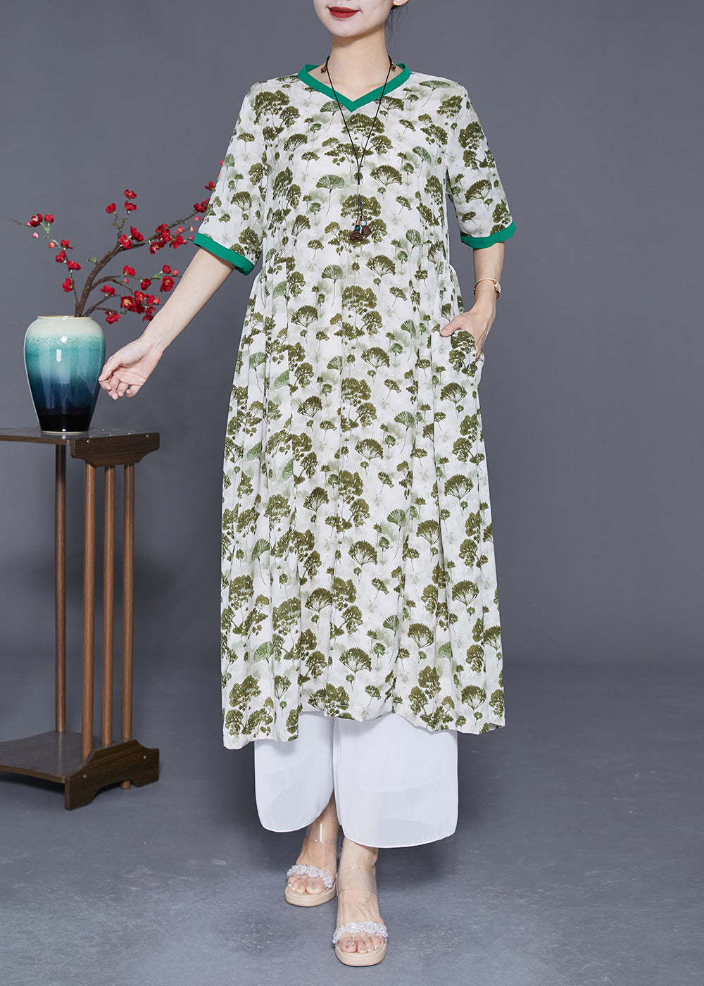 Elegant Green Print Exra Large Hem Linen Dresses Summer LY3676 - fabuloryshop