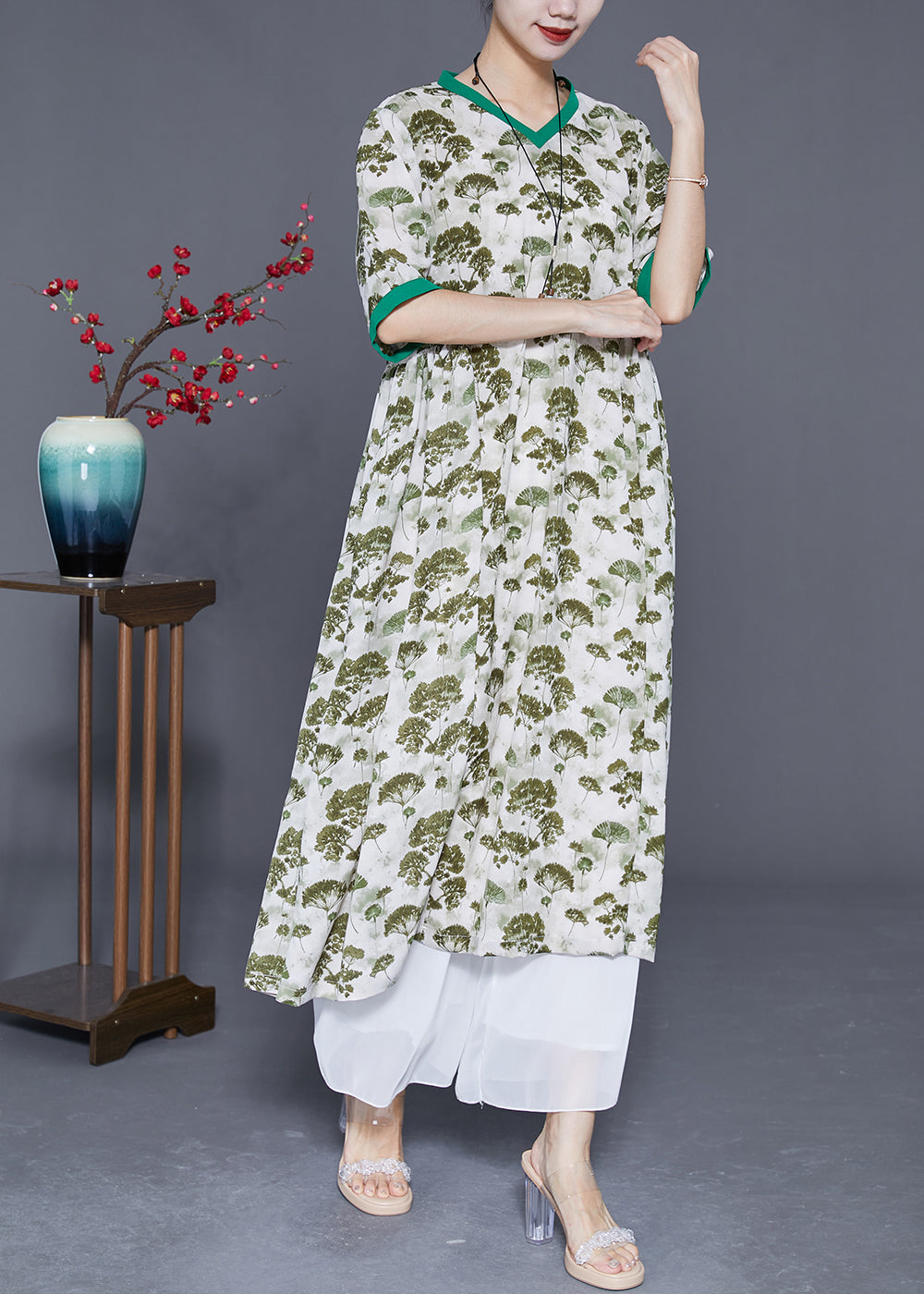 Elegant Green Print Exra Large Hem Linen Dresses Summer LY3676 - fabuloryshop