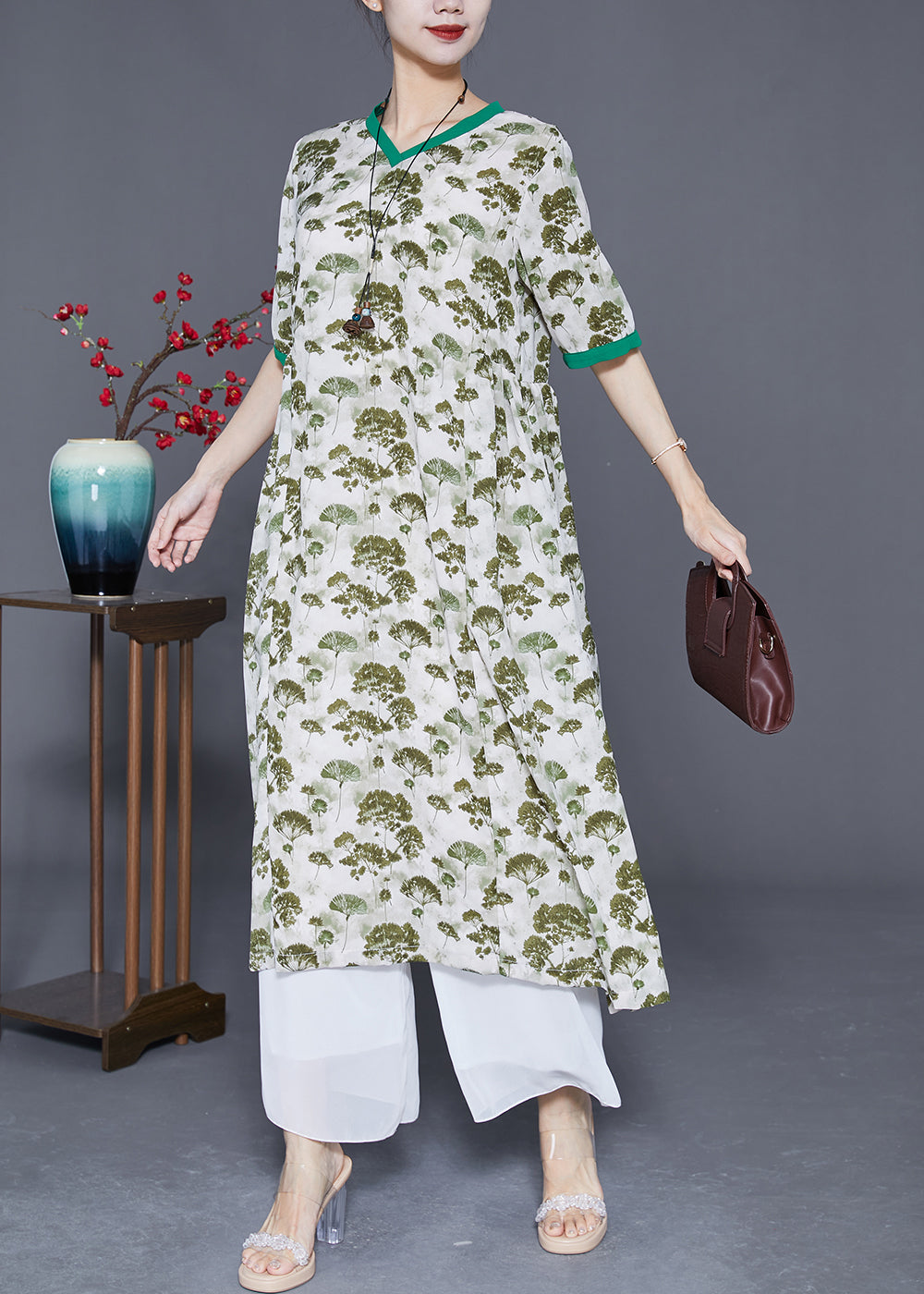 Elegant Green Print Exra Large Hem Linen Dresses Summer LY3676 - fabuloryshop