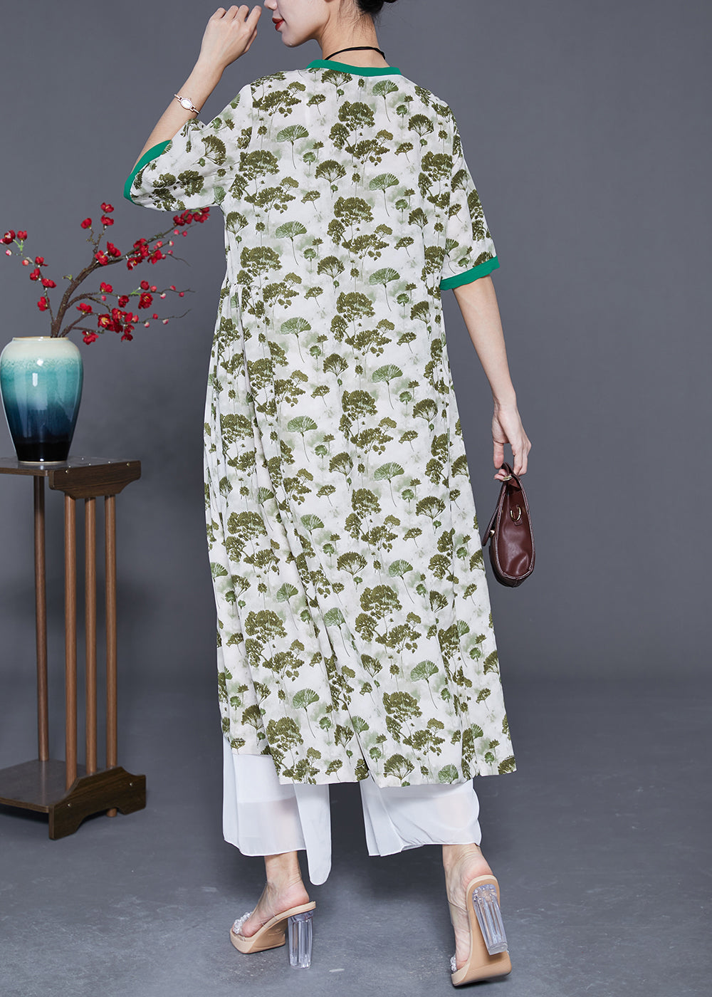 Elegant Green Print Exra Large Hem Linen Dresses Summer LY3676 - fabuloryshop