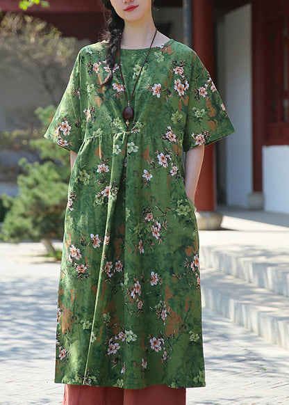 Elegant Green Print Pockets Patchwork Cotton Dresses Summer Ada Fashion