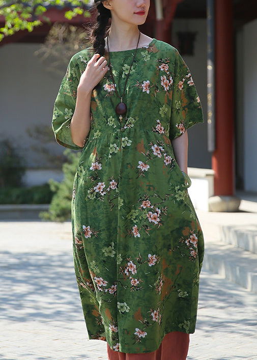 Elegant Green Print Pockets Patchwork Cotton Dresses Summer Ada Fashion