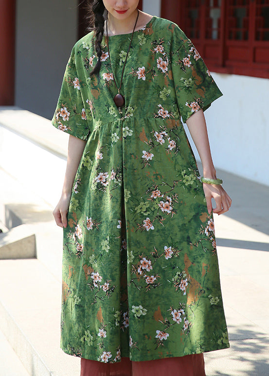 Elegant Green Print Pockets Patchwork Cotton Dresses Summer Ada Fashion