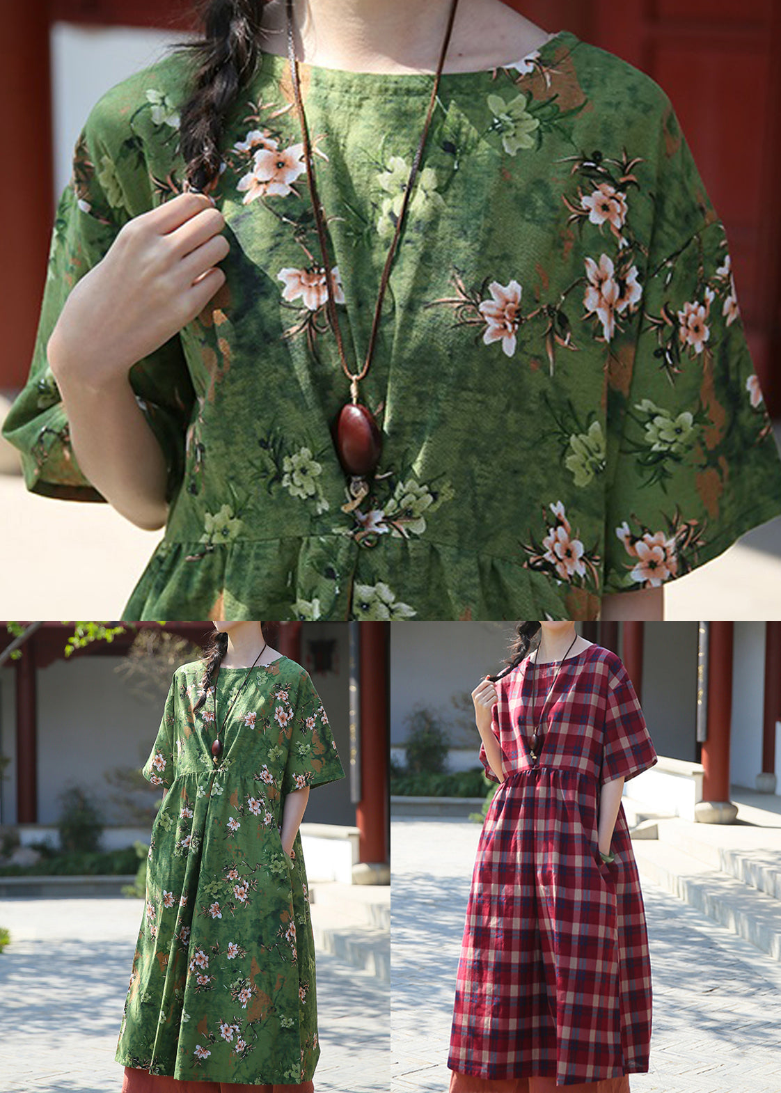 Elegant Green Print Pockets Patchwork Cotton Dresses Summer Ada Fashion