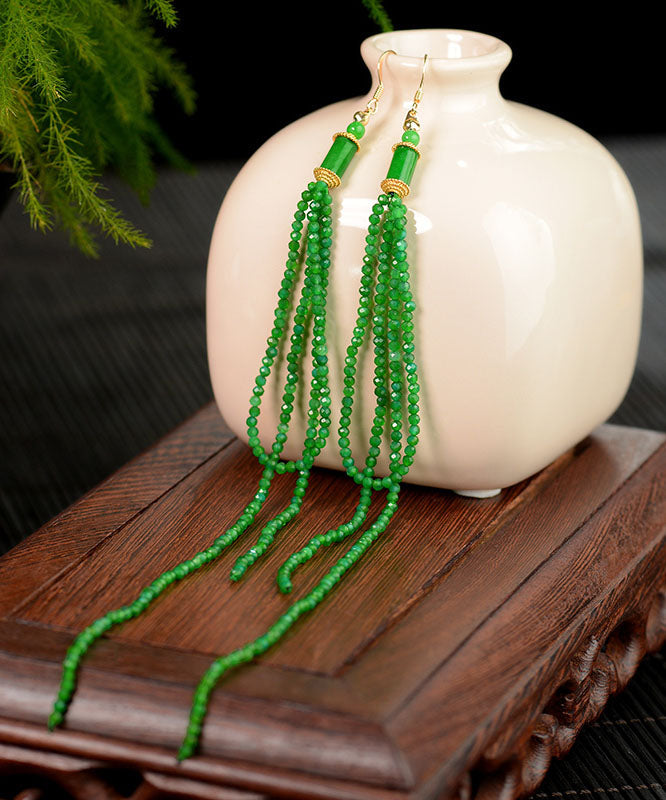 Elegant Green Silver Agate Jadeite Dry Green Tassel Drop Earrings Ada Fashion