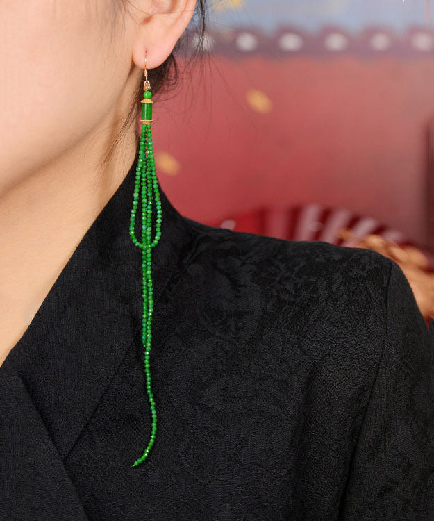 Elegant Green Silver Agate Jadeite Dry Green Tassel Drop Earrings Ada Fashion