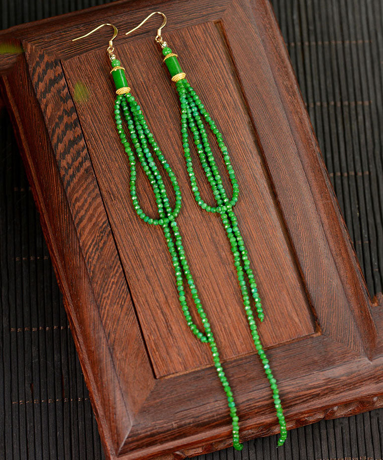 Elegant Green Silver Agate Jadeite Dry Green Tassel Drop Earrings Ada Fashion