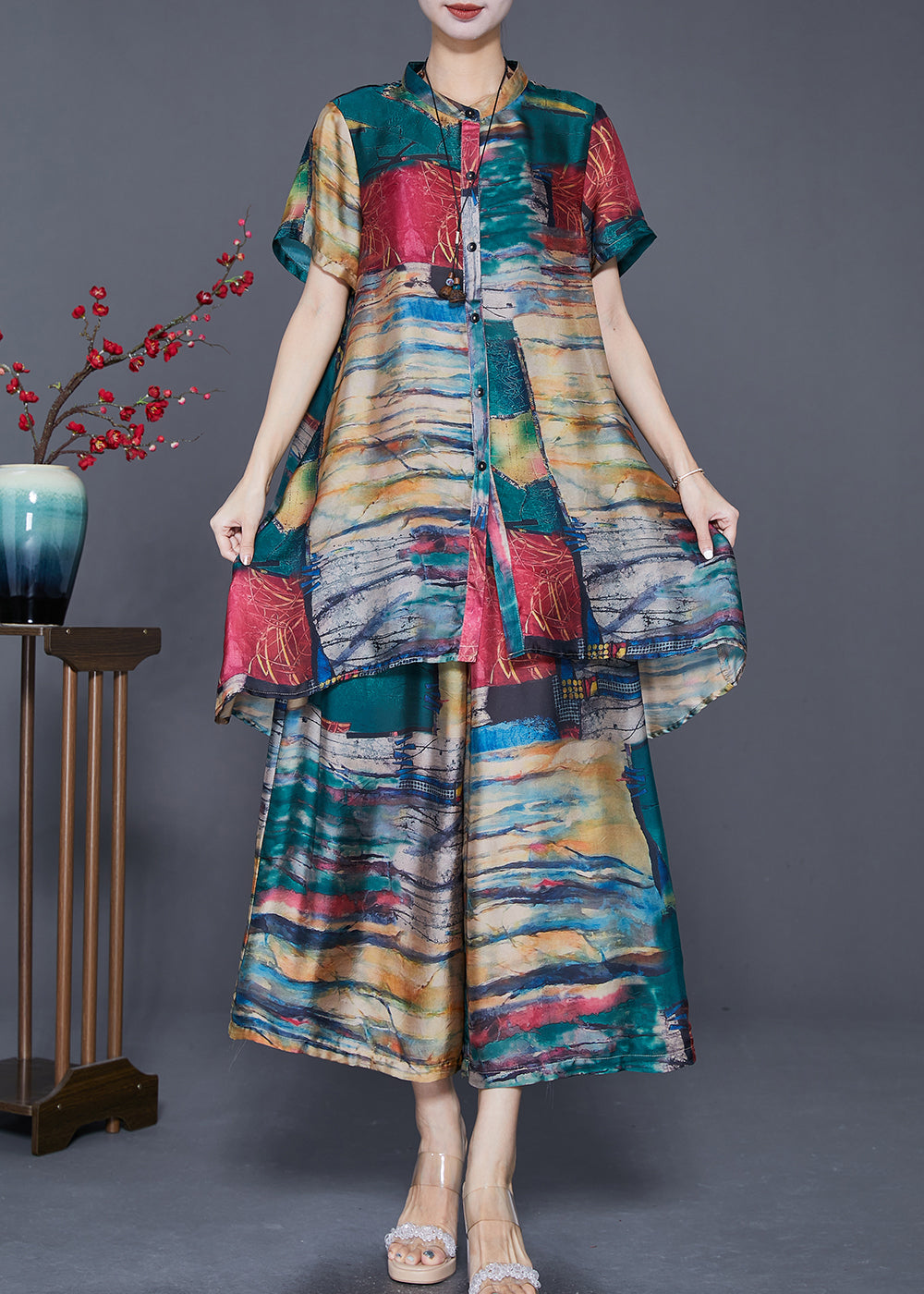 Elegant Green Stand Collar Tie Dye Silk 2 Piece Outfit Summer Ada Fashion