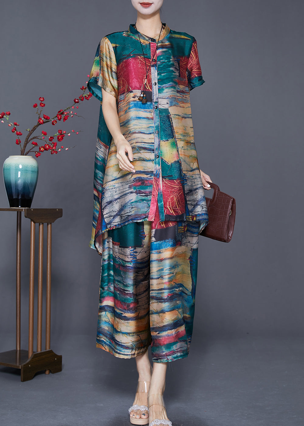 Elegant Green Stand Collar Tie Dye Silk 2 Piece Outfit Summer Ada Fashion
