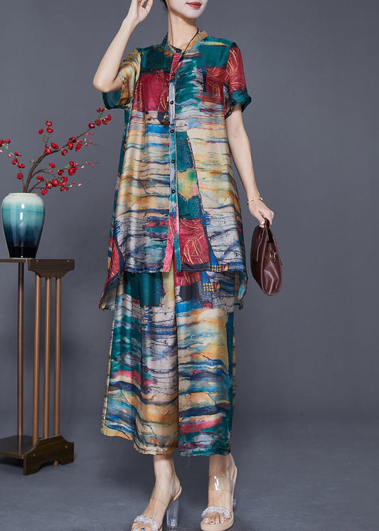 Elegant Green Stand Collar Tie Dye Silk 2 Piece Outfit Summer Ada Fashion