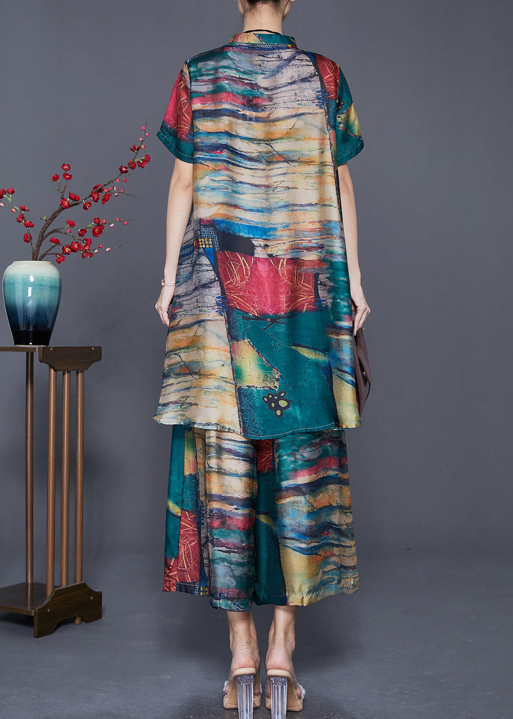 Elegant Green Stand Collar Tie Dye Silk 2 Piece Outfit Summer Ada Fashion