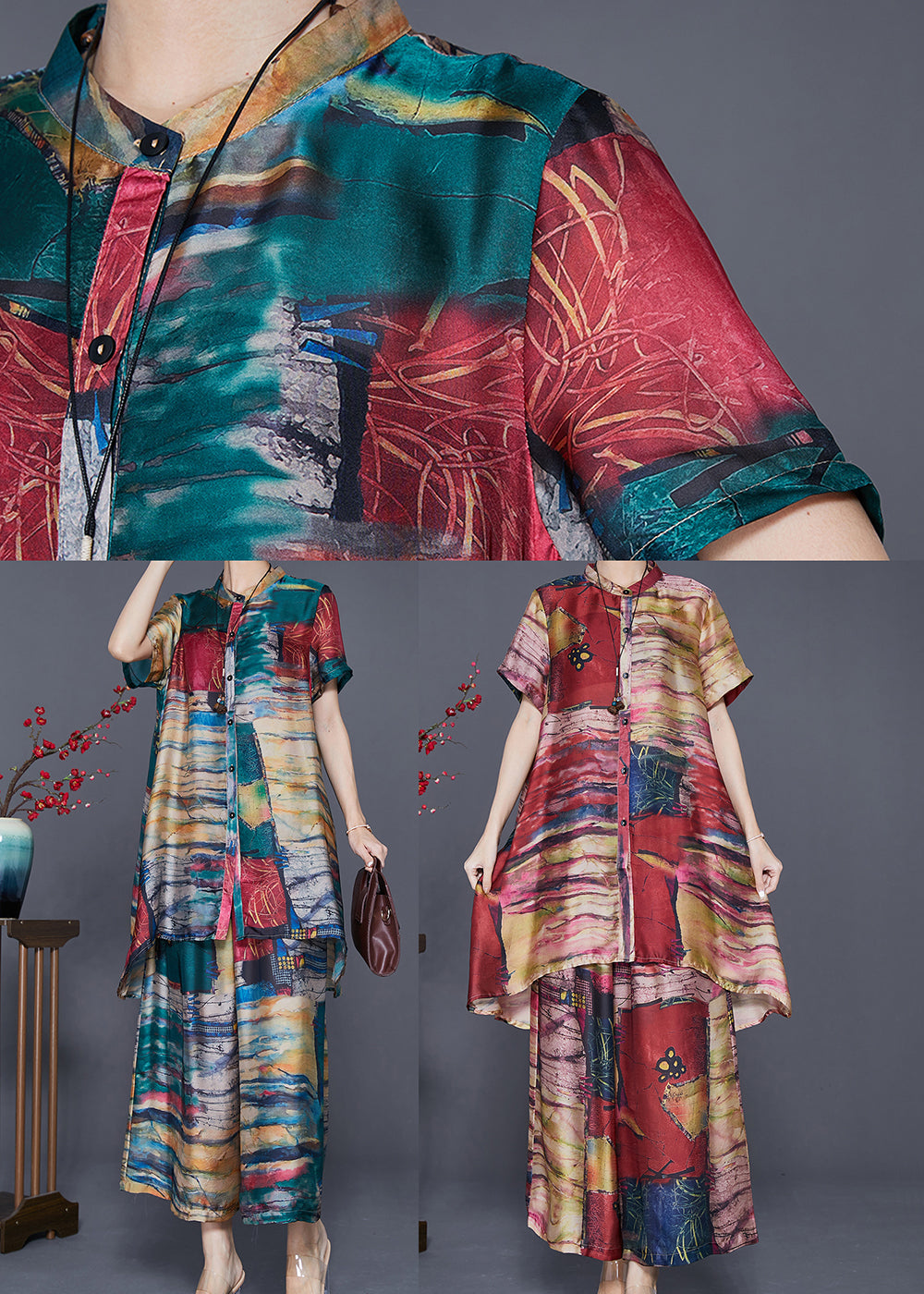 Elegant Green Stand Collar Tie Dye Silk 2 Piece Outfit Summer Ada Fashion