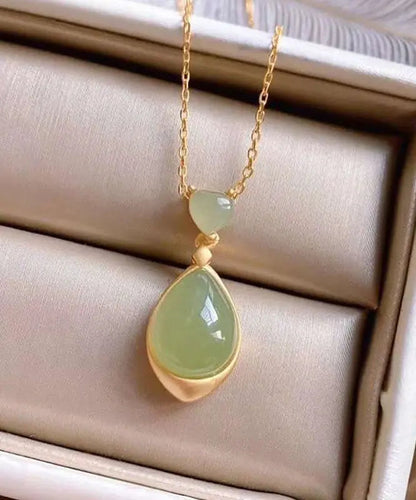 Elegant Green Sterling Silver 18K Gold Inlaid Jade Pendant Necklace Ada Fashion