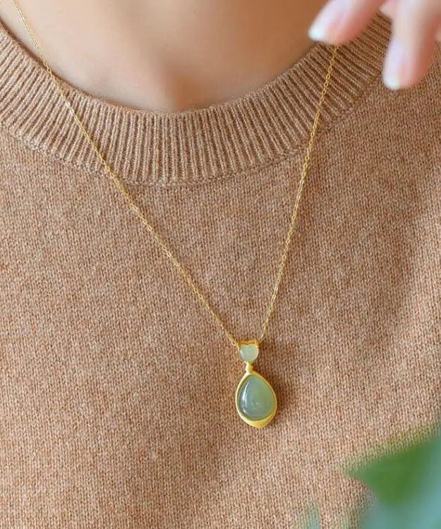 Elegant Green Sterling Silver 18K Gold Inlaid Jade Pendant Necklace Ada Fashion