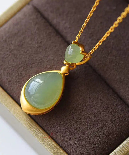 Elegant Green Sterling Silver 18K Gold Inlaid Jade Pendant Necklace Ada Fashion