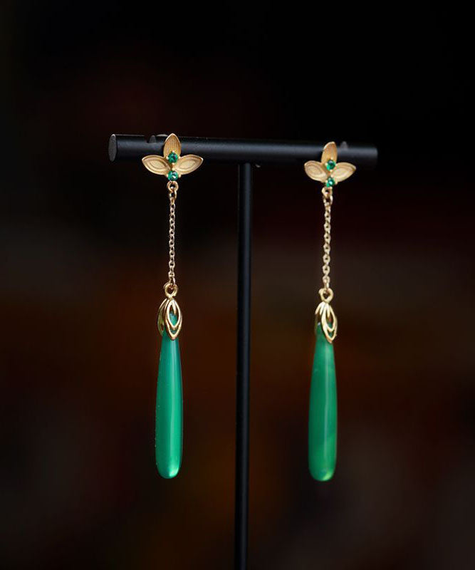 Elegant Green Sterling Silver Green Agate Water Drop Tassel Drop Earrings TW1058