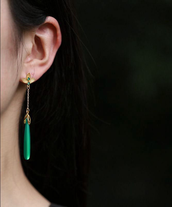 Elegant Green Sterling Silver Green Agate Water Drop Tassel Drop Earrings Ada Fashion