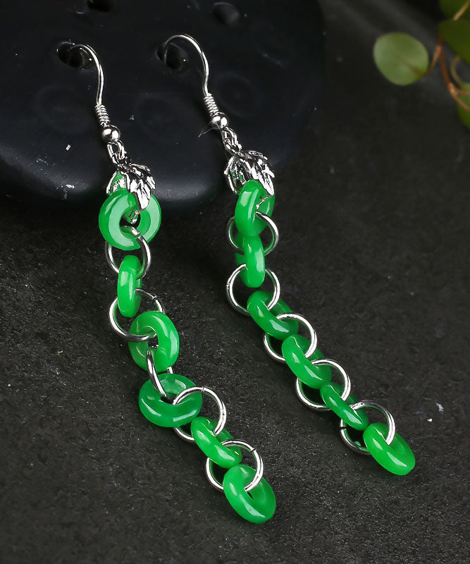 Elegant Green Sterling Silver Overgild Dry Green Jade Drop Earrings Ada Fashion