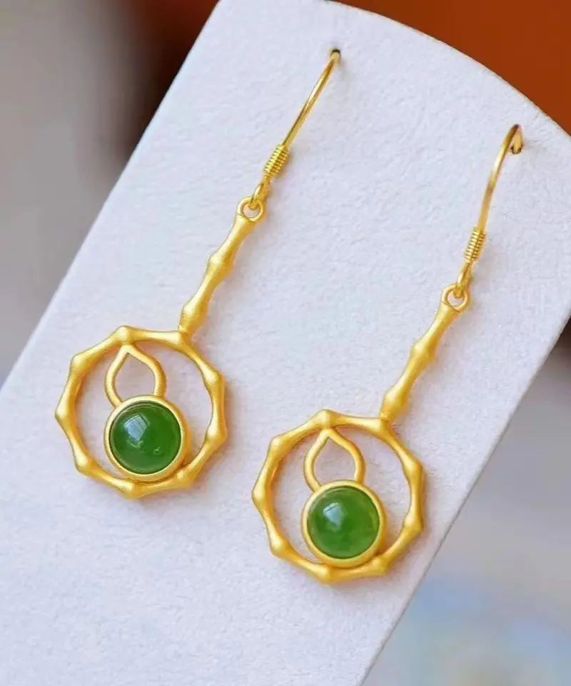 Elegant Green Sterling Silver Overgild Jade Gourd Drop Earrings Ada Fashion