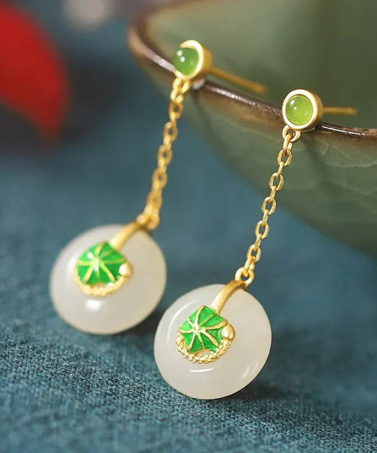 Elegant Green Sterling Silver Overgild Jade Lotus Drop Earrings Ada Fashion