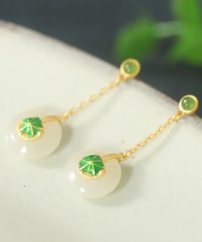 Elegant Green Sterling Silver Overgild Jade Lotus Drop Earrings Ada Fashion