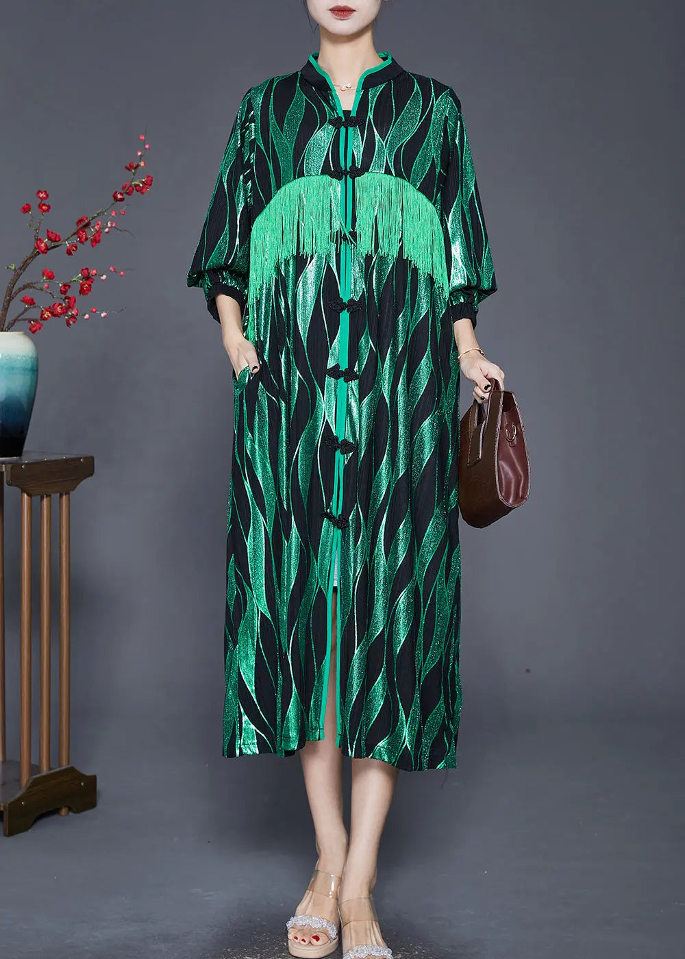 Elegant Green Striped Tasseled Chinese Button Silk Maxi Dresses Fall Ada Fashion