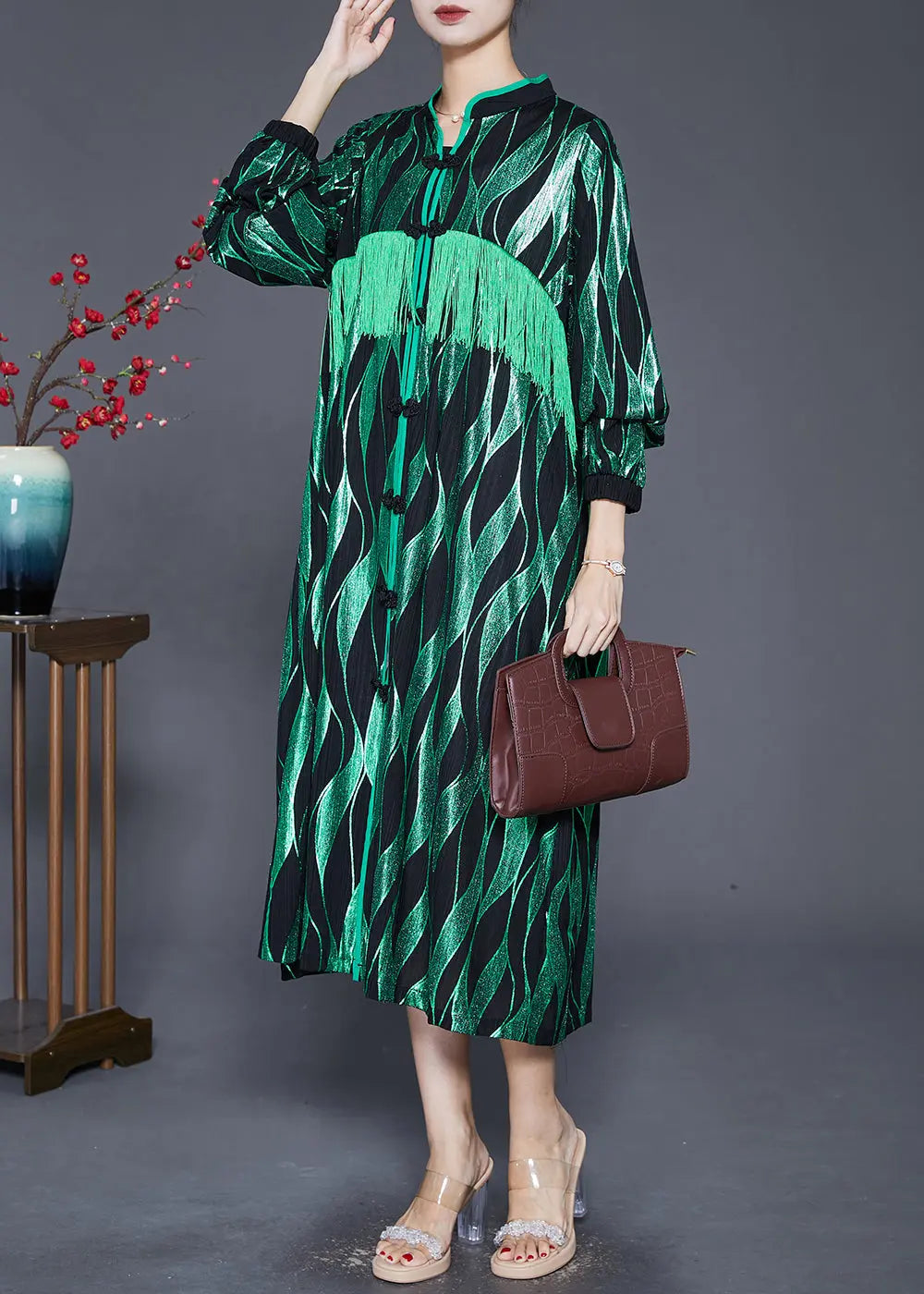 Elegant Green Striped Tasseled Chinese Button Silk Maxi Dresses Fall Ada Fashion