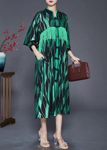 Elegant Green Striped Tasseled Chinese Button Silk Maxi Dresses Fall Ada Fashion