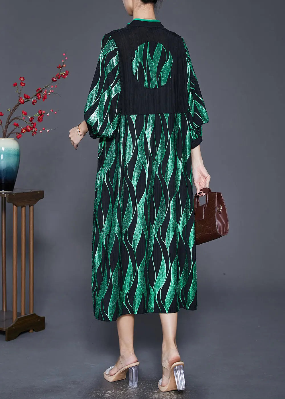 Elegant Green Striped Tasseled Chinese Button Silk Maxi Dresses Fall Ada Fashion