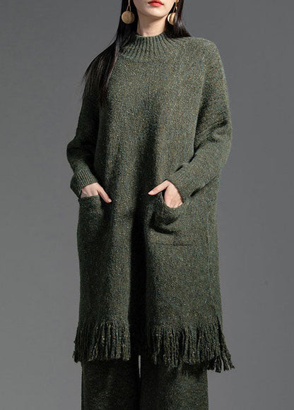 Elegant Green Tasseled Patchwork Wool Knitting Dress Winter LY0005 - fabuloryshop