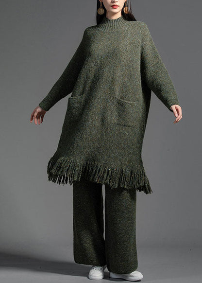 Elegant Green Tasseled Patchwork Wool Knitting Dress Winter LY0005 - fabuloryshop