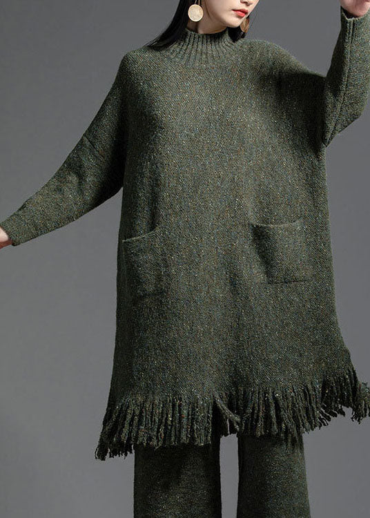 Elegant Green Tasseled Patchwork Wool Knitting Dress Winter LY0005 - fabuloryshop