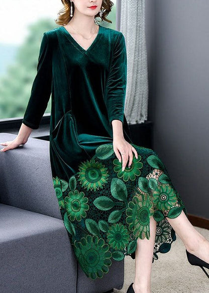 Elegant Green V Neck Embroideried Patchwork Silk Velour Dresses Spring Ada Fashion