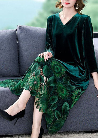 Elegant Green V Neck Embroideried Patchwork Silk Velour Dresses Spring Ada Fashion