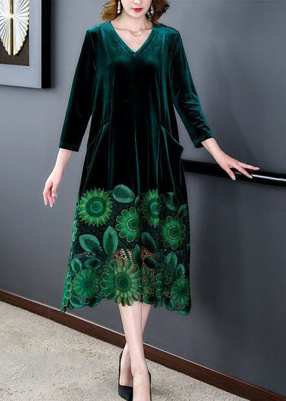 Elegant Green V Neck Embroideried Patchwork Silk Velour Dresses Spring Ada Fashion