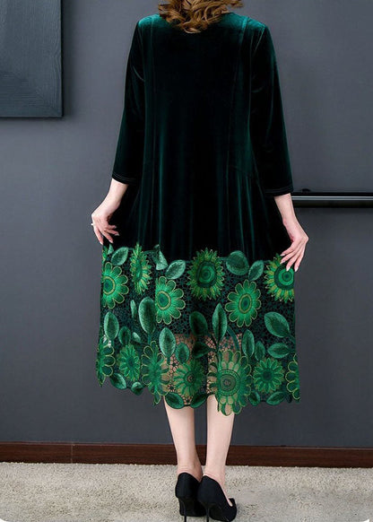 Elegant Green V Neck Embroideried Patchwork Silk Velour Dresses Spring Ada Fashion