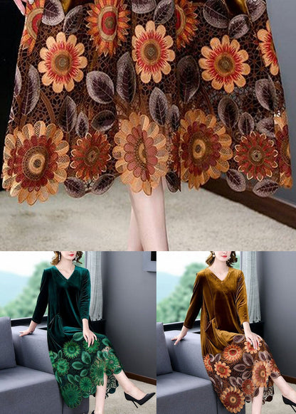 Elegant Green V Neck Embroideried Patchwork Silk Velour Dresses Spring Ada Fashion