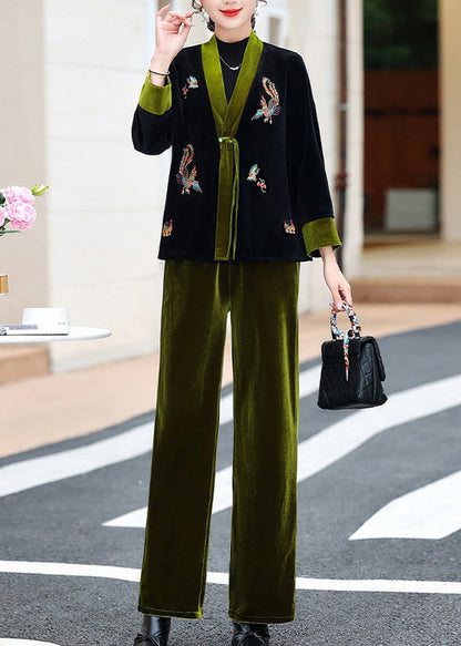 Elegant Green V Neck Embroideried Silk Velour Coats And Pants Two Piece Set Fall Ada Fashion