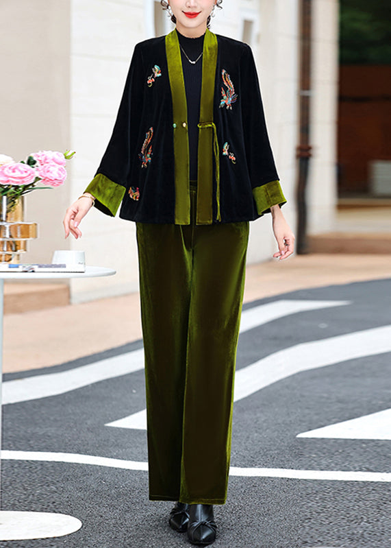 Elegant Green V Neck Embroideried Silk Velour Coats And Pants Two Piece Set Fall Ada Fashion