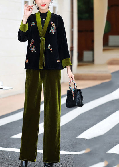 Elegant Green V Neck Embroideried Silk Velour Coats And Pants Two Piece Set Fall Ada Fashion