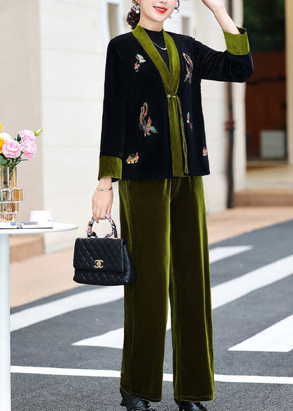 Elegant Green V Neck Embroideried Silk Velour Coats And Pants Two Piece Set Fall Ada Fashion