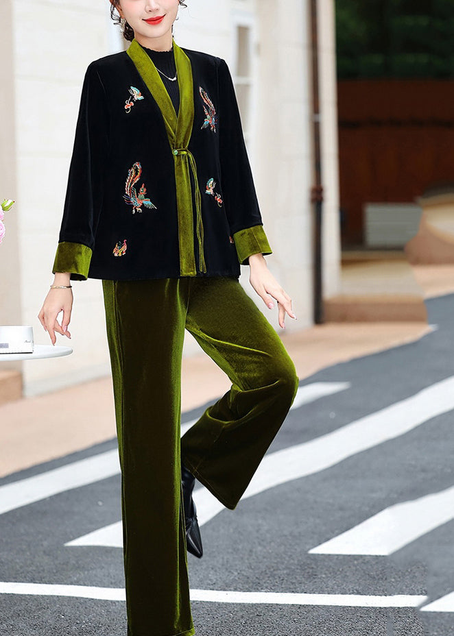 Elegant Green V Neck Embroideried Silk Velour Coats And Pants Two Piece Set Fall Ada Fashion