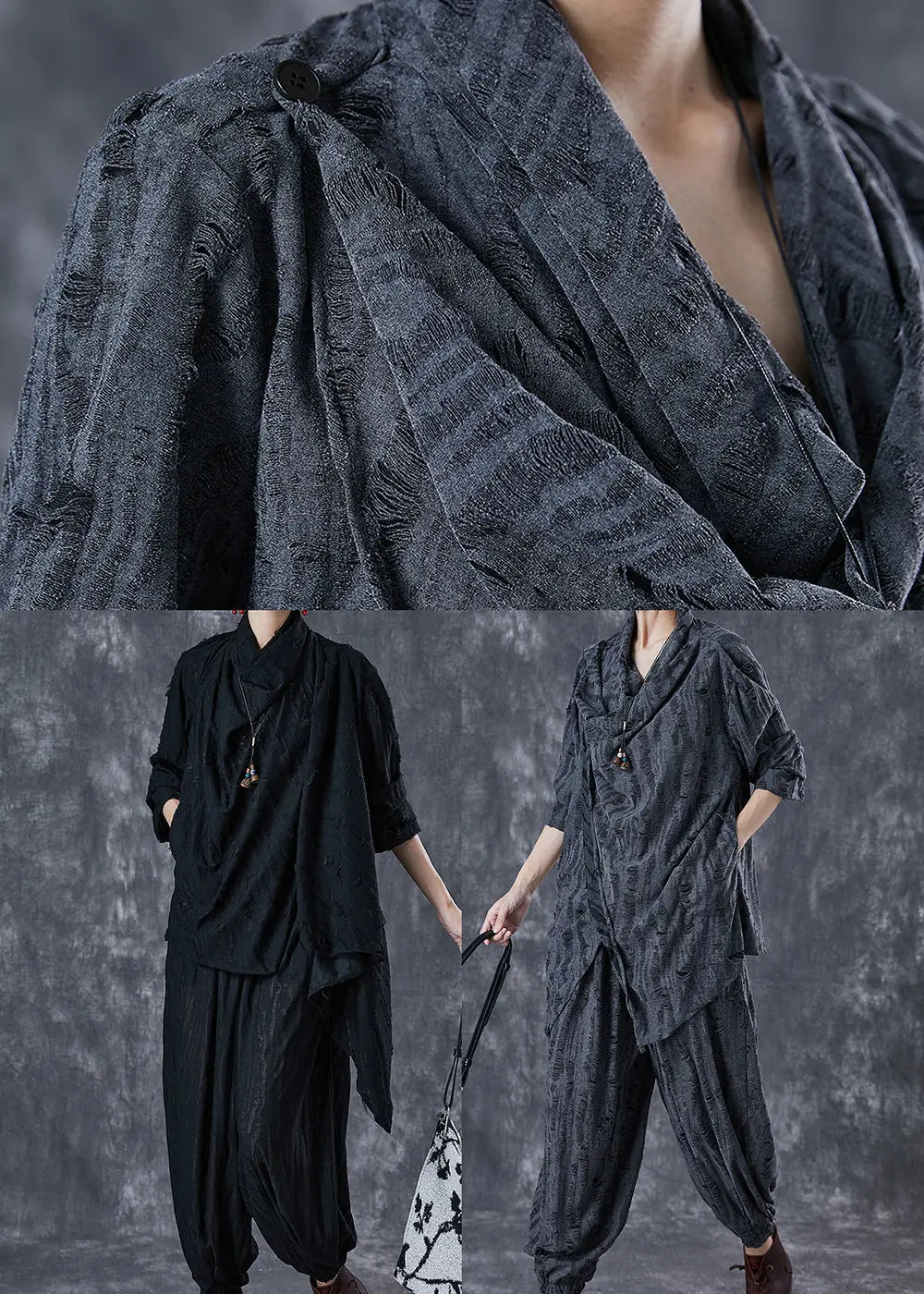 Elegant Grey Asymmetrical Cotton Ripped Two Pieces Set Fall Ada Fashion